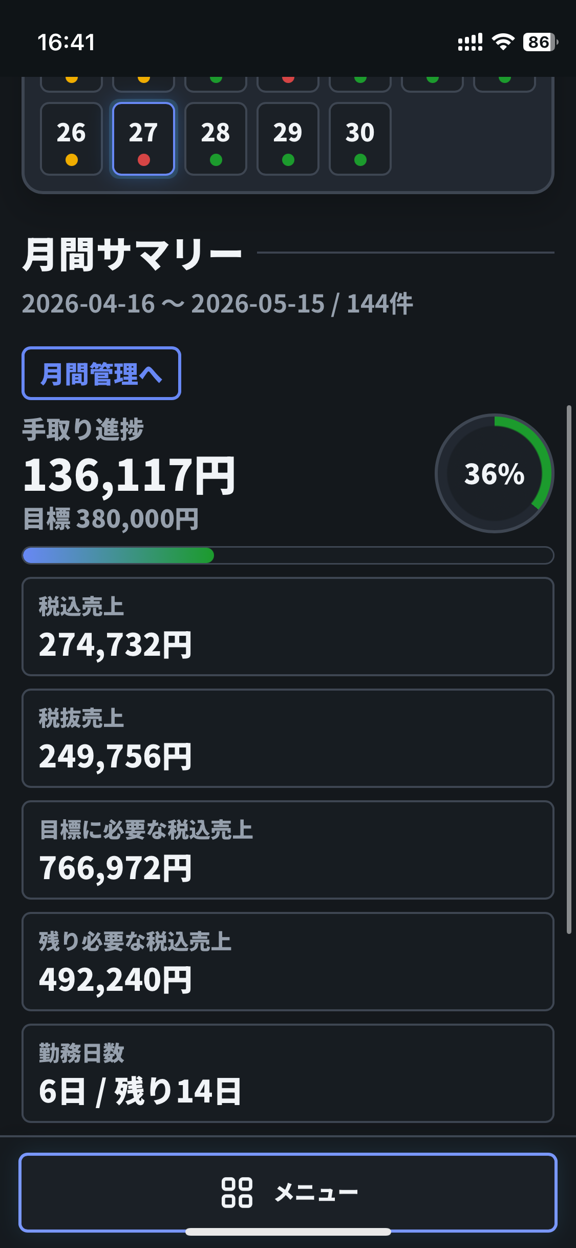 TAXI LOGの月間サマリー画面。月間目標、手取り進捗、税込売上、残り必要売上を確認できる画面。